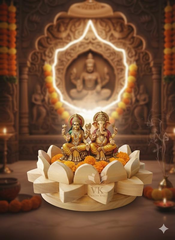 Wooden Lotus Kamal Aasan – Handcrafted Pooja Platform for Idols, Diyas | Decorative Mandir Base for Home Temple, Gift, Religious Decor for Festivals (7 INCH) 3