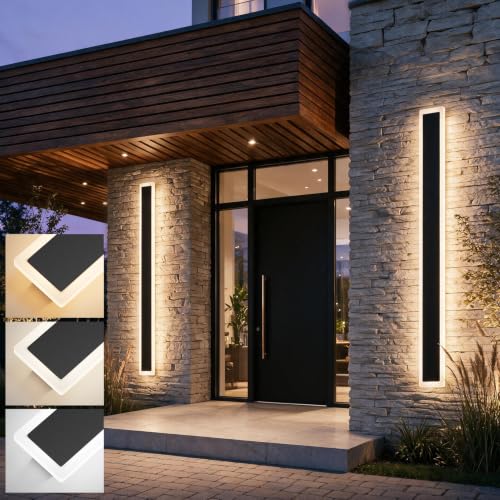 Image of Aipsun 2 Packs Outdoor Wall Sconce, 3000K 4000K 6000K,23.6in Modern Black Exterior Light 23.6in, Long LED Linear Wall Light Outside Lighting for Entrance, Hallway, Garage, Porch(3CCT)