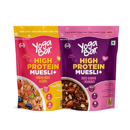 Image of Yogabar Super Protein Muesli Combo | Fruits & Nut 850gm | Chocolate almond Cranberry 850gm | High in Omega 3, Gluten Free | 25% Dry Fruits, Nuts and Seeds | Gluten Free | Protein Rich
