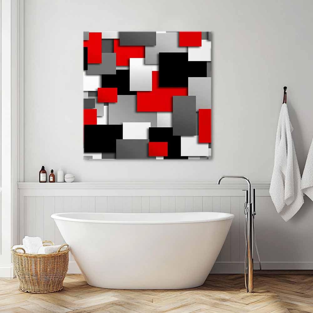 Canvas Wall Art Red Color Block Black Grey Grid,Oil Painting Prints Artworks Picture Stretched and Framed,Modern Abstract Geometric Art Wall Decor for