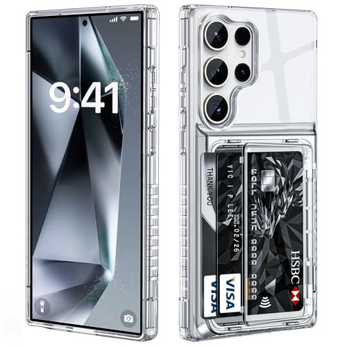 Vunake for Samsung S24 ultra Case with Card Holder [Max 4 Cards] Anti-Yellowing Dual Layer Heavy Duty Shockproof Protective Clear Wallet Case for Samsung Galaxy S24 Ultra 5G 6.2 Clear