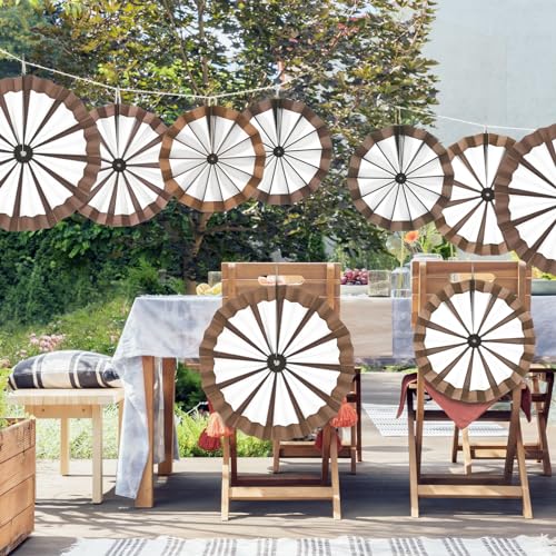Image of Outus 27 Pcs Western Cowboy Party Decorations Paper Fans Wagon Wheels Straw Hay Bales Hanging Ceiling Wall Decor for Country Western Themed Rodeo Farm Birthday Party Supplies(Wagon Wheels)
