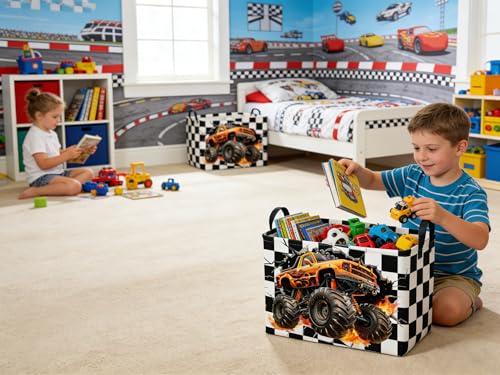 Image of Sanjiaofeng Rectangular Monster Truck Basket for Kids,Baby Storage Bins with Handles for Car Decor,Racing Storage Bin,Cute Toy Storage Organizer for Boys and Girls,Car Room Decor(Racing flag)