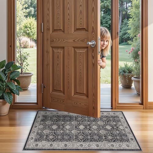 Entryway 2x4 Washable Area Rug: Oriental Stain Resistant Kitchen Runner Rugs Farmhouse Ultra Soft Bathroom Bedroom Print Floor Mat Thin Non Slip Indoor Carpet for Living Room Laudry Room(2x4,Black)