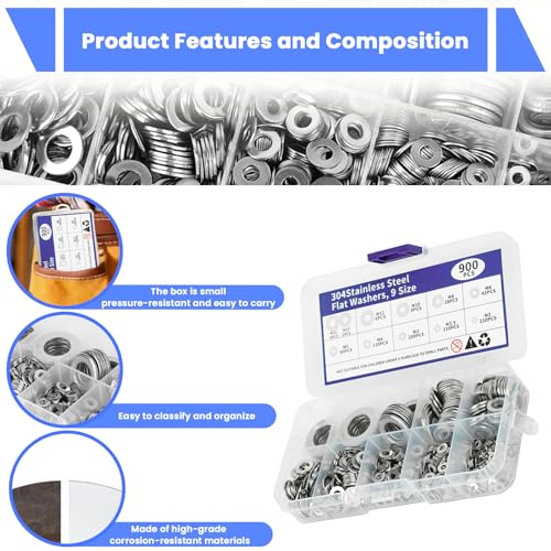 Image of Serplex 900 Pcs 304 Stainless Steel Flat Washers Assorted Kit, 9 Sizes-M2 /M2.5 /M3 /M4 /M5 /M6 /M8 /M10 /M12 Sizes, Metric Washer Set for Screws & Bolts, Corrosion-Resistant Industrial Hardware Accessories