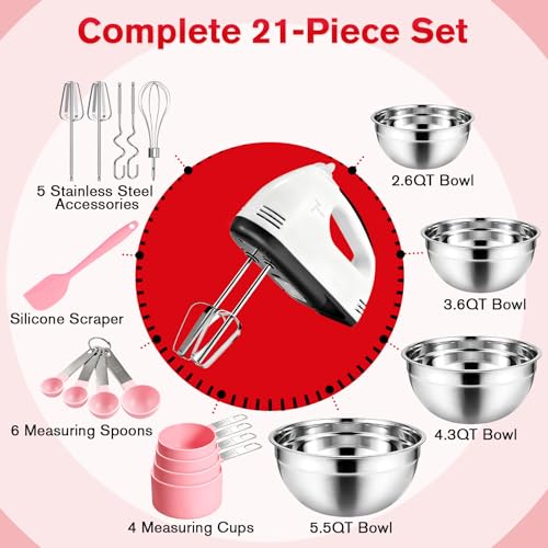 Image of Showvigor Electric Hand Mixer with Stainless Steel Mixing Bowl Set -7 Speeds Turbo-Boost Hand Mixer with Large Mixing Bowls, Measuring Cups, Spoons & Spatula for Kitchen Cakes Eggs Baking(Pink)