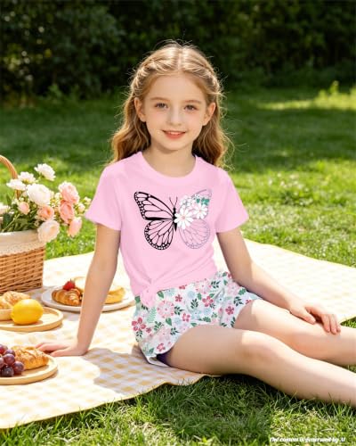 Image of Bestuline Girls Summer 2 Piece Outfits,Basic Short Sleeve Top & Shorts Set with Side Pockets,4-14Y