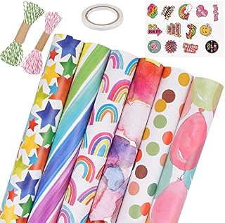 Wrapping Paper 6 Sheets Rainbow Dots Stripe Gift Wrap Paper Set with Stickers Jute String Gift Wrapping Paper for Kids Girls Adults for Baby Shower Birthday Christmas Party Graduations Folded Sheet