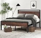 SHA CERLIN 14 Inch Queen Size Metal Platform Bed Frame with Wooden Headboard and Footboard, Mattress Foundation / No Box Spring Needed, Large Under Bed Storage, Non-Slip Without Noise, Mahogany