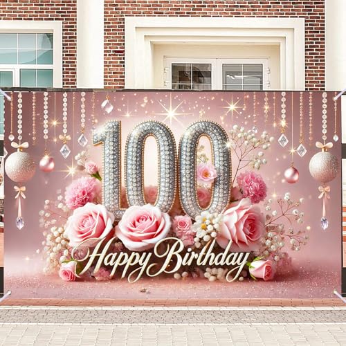 Image of Nuxovilar Elegant Pink & Gold Floral Birthday Banner - 71x43 Inch Glitter Decor for 16th /21th /50th /60th /65th /70th80th /90th Birthday, Reusable Indoor Outdoor Hanging Party Supplies for Women Men (HC00297-100th, 71x43 Inch)