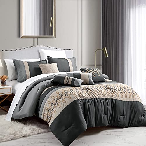 Sapphire Home Luxury 7 Piece King/Cal-King Comforter Set with Shams Cushions,Modern Bright Elegant Artistic Geometrical Shapes in Gray,Black Taupe Print, Bed Cover Bed in a Bag(22165V, King/Cal-King) Sapphire Home Luxury 7 Piece King/Cal-King Comforter Set with Shams Cushions,Modern Bright Elegant Artistic Geometrical Shapes in Gray,Black Taupe Print, Bed Cover Bed in a Bag(22165V, King/Cal-King)