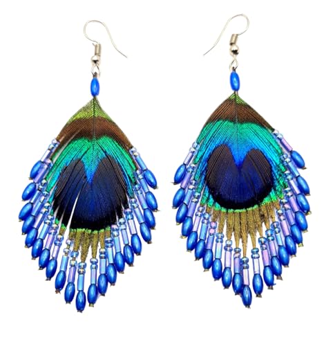 Iridescent Peacock Feather Earrings, Hand Beaded Blue Color Beads Peacock Earrings for Women, Handmade Dangle Drop Feather Earrings Fashion Jewelry DA138-A4
