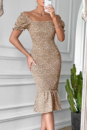 PRETTYGARDEN Bodycon Midi Dresses 2025 Summer Floral Puff Sleeve Mermaid Cocktail Baby Shower Photoshoot Maternity Dress3