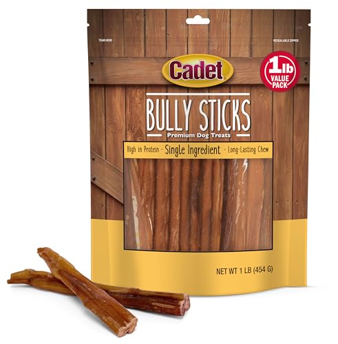 Cadet Bully Sticks for Small Dogs All-Natural Beef Pizzle Rawhide-Free Long-Lasting Dog Chews for Aggressive Chewers 1 Pound