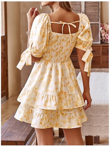 Image of Floerns Women's Floral Print Puff Sleeve Square Neck Tiered Layer Shirred Dresses