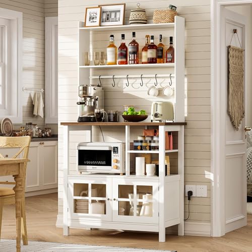 ChooChoo Farmhouse Bakers Rack with Power Outlets and Storage, Coffee Bar Cabinet with Storage, Microwave Stand Kitchen Cabinet with Hutch and 6 Hooks, Soft White & Brown: Home & Kitchen - view 2