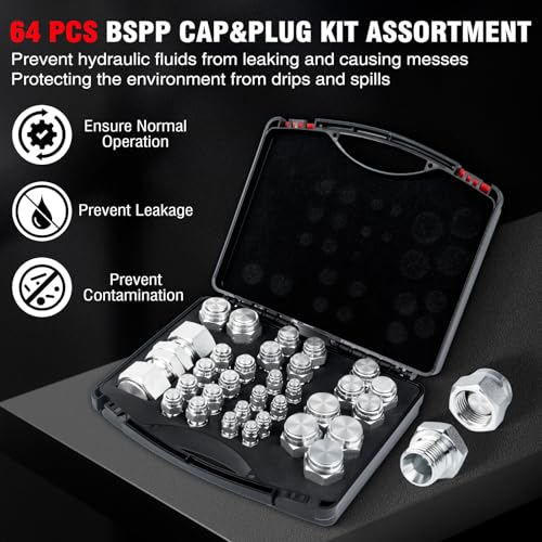 Image of 64 Pcs BSPP Plug Kit Hose Tube and Pipe Set Hydraulic Plug Kit Galvanized 45# Steel with Precision Threading Dash Sizes-02-04 -06-08 -10-12 -16