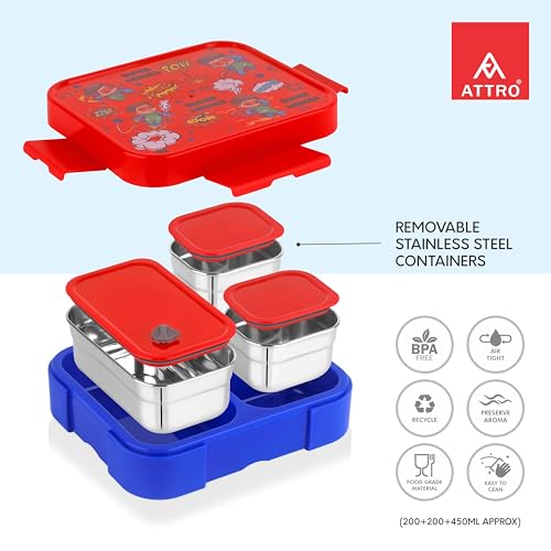 Image of ATTRO Admire Deluxe 3 Compartment Stainless Steel Lunch Box, BPA-Free Inner Steel, Lightweight & Durable, Easy Carry Tiffin for Kids,School & Travel-Superhero Print Red-800ml