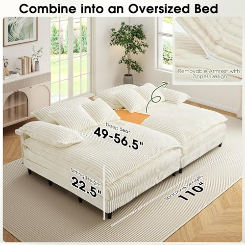 Image of WESTSETLUX 54.8 inch W Oversized Chaise Lounge Chair Indoor with 5-Position Adjustable Backrest, Corduroy Sleeper Sofa Bed with 3 Pillows, Modern Cloud Couch Chair for Living Room, Bedroom, Beige