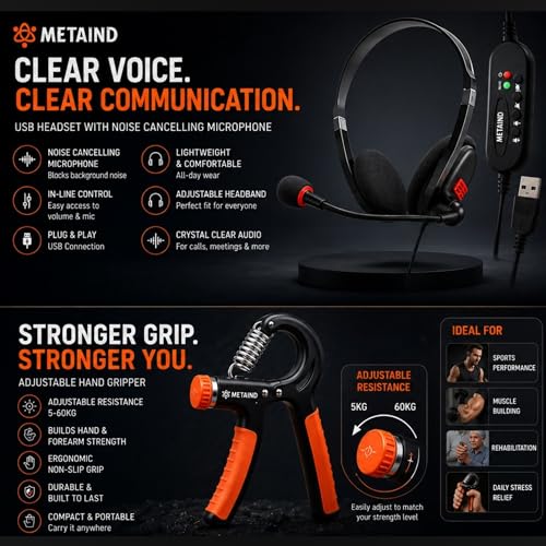 Image of Metaind USB Headset with Noise Cancelling Mic Meta MT440 & Adjustable Hand Gripper Combo | Wired Headphones for Office, Gaming, Online Classes, Work from Home