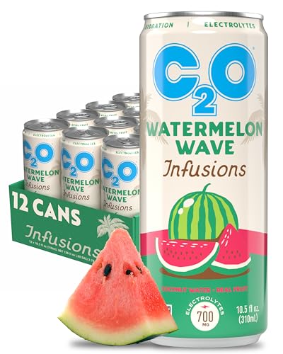 C2O - Coconut Water Infusions - Watermelon Wave (12 Pack) - 700mg of Electrolytes - Made with Fresh Coconut Water + Real Fruit Juice - Plant Based Natural Hydration, Non GMO - 12 Slim Cans, 10.5 fl oz
