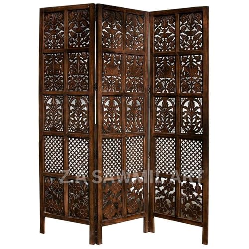 Image of Wooden Partition for Living Room, Privacy Divider, Wooden Room Separator, Divider for Office, Partition for Puja Room, (Mix Frame Design - Brown) (6 Feet 3 Panel)