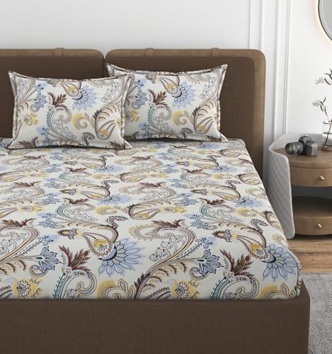 Image of VOMZER Premium 320 TC Fitted Bed Sheet with Full Elastic - Deep Pocket Design - Wrinkle Resistant Fitted Bedsheet Double King 72x78 Cream Traingle