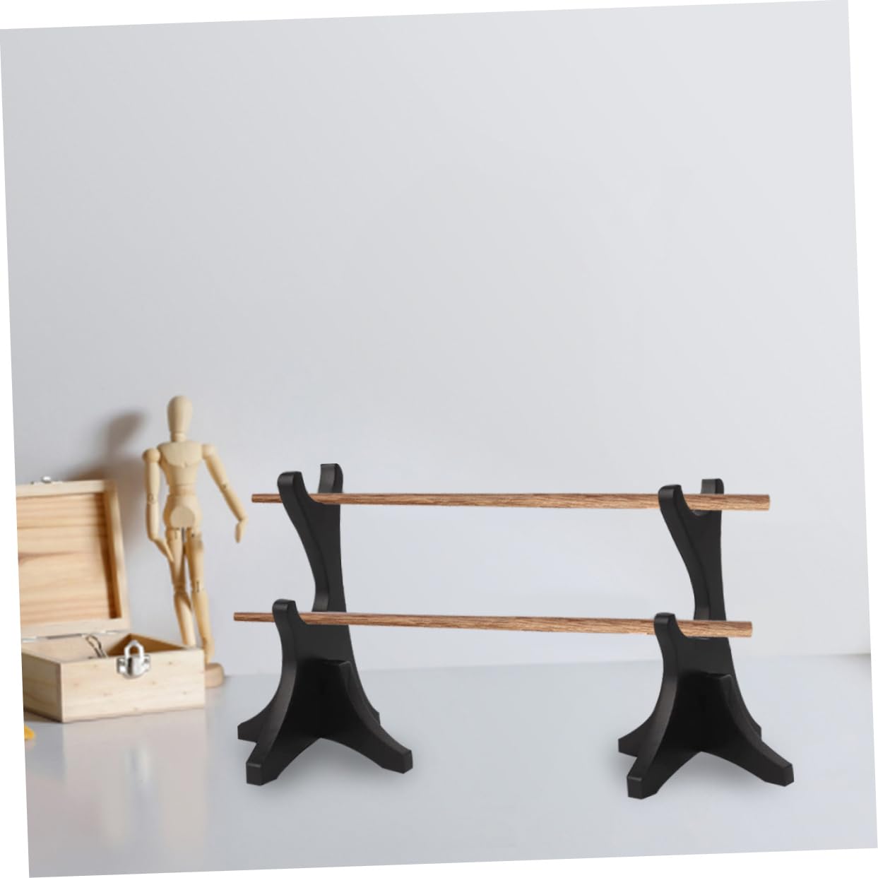 Mikikit 2Pcs Wooden Wand Holder Display Rack Two Tier Stand for Wands Flutes and Crafts Durable Storage for Collectors and Cosplay Enthusiasts
