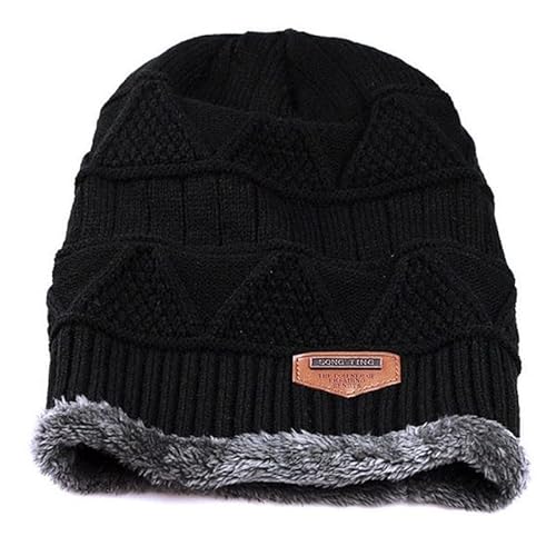 Gorro masculino de tricô de inverno com forro de lã grossa felpudo (Preto)