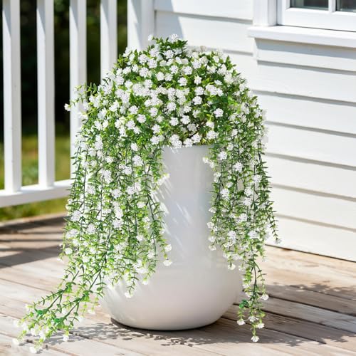 Image of Lewondr Artificial Fake Hanging Flowers Plants for Outdoor Summer Decoration, 2 PCS Realistic Camellias, 29.5'' UV Resistant Look Real for Outside Home Indoor Planter Porch Patio Balcony Yard Decor
