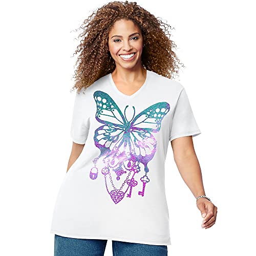 Just My Size Womens Just My Size Women's Plus-Size Graphic Short Sleeve V-Neck T-Shirt Shirt, Bedecked Buterfly, 5X Us #TOP3