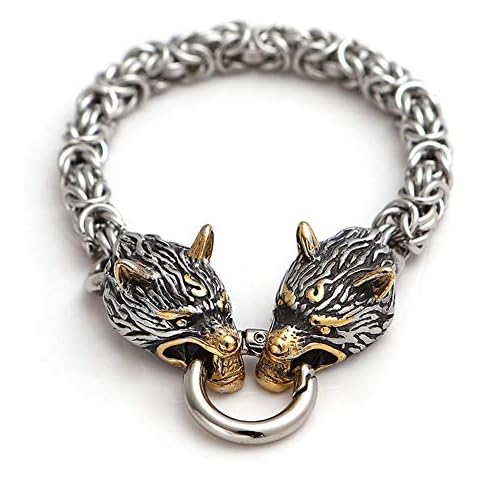 Retro Norse Fenrir, Viking Vintage Celtic Wolf Head Bracelet, Stainless Steel Emperor Chain Bracelet, Scandinavia Locomotive Jewelry Accessories- -Double Two,Gold,21CM Cover