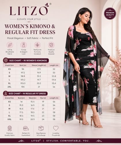 Image of LITZO Women's One Piece Dress - Georgette Floral Printed Western Dress for Women | Round Neck Bodycon Dress & Open Front Coat Casual Wear for Events, Date & Evening Look (NO-32-34)