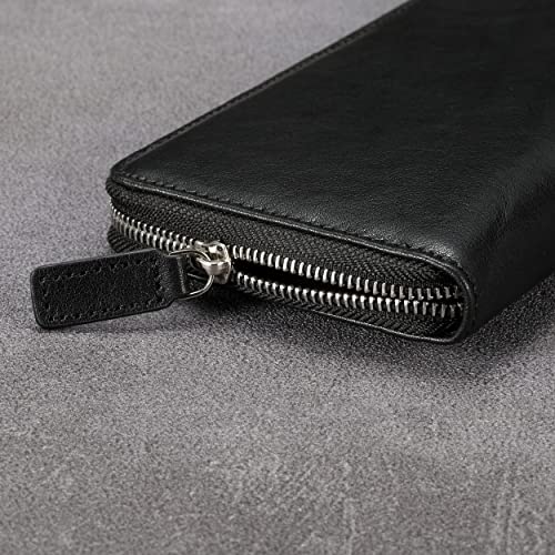 Image of HISCOW Leather Checkbook Cover, Zippered Wallet, Vegetable-Tanned Black | Full grain cowhide, 5cc & ID window, personal check book & register pockets, removable duplicate divider, women secure zipper