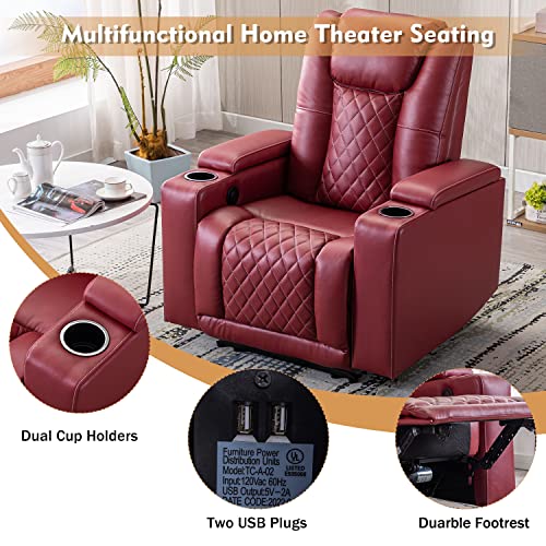 Red ANJ Electric Power Recliner Chair with USB Ports and Cup Holders - Soft Leather Home Theater Seating with Hidden Arm Storage