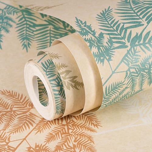 wolpin Non-Woven Wallpaper Non-Adhesive (53 x 950 CM) (Fern Leaf) | Fern Leaf Pattern Wallpaper with Shimmery Effect | Beige Decorative Wall Covering for Home (54.18 Sq Ft)