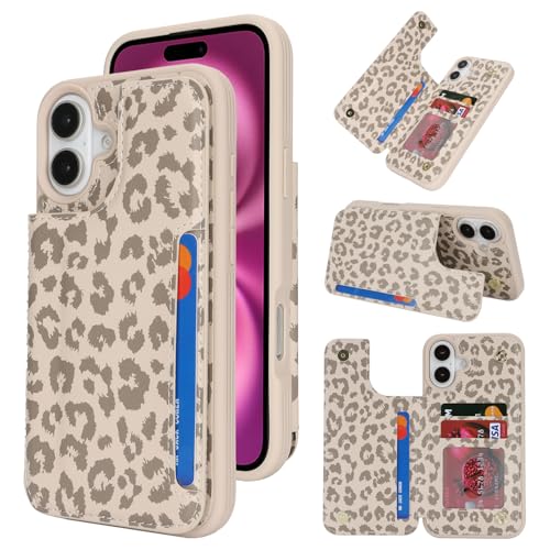 iCoverCase Compatible with iPhone 16 Plus Wallet Phone Case with Card Holder for Women Men [RFID Blocking] Card Slots PU Leather Protective Wallet Case 6.7 Inch (Beige Leopard)