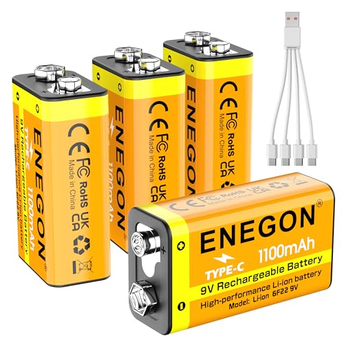 ENEGON 9V充電式リチウム電池 4個パック | 6F22 1100mAh Type-C急速充電対応 | エレキギター・モーター・煙探知機・マイクなど幅広高出力対応