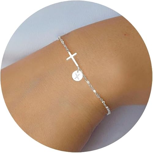 Cross Bracelet for Women, Easter Basket Stuffers for Teens Gold Initial Bracelets for Teen Christian Gifts for Women Dainty Religious Baptism Religious Confirmation Communion Faith Jewelry