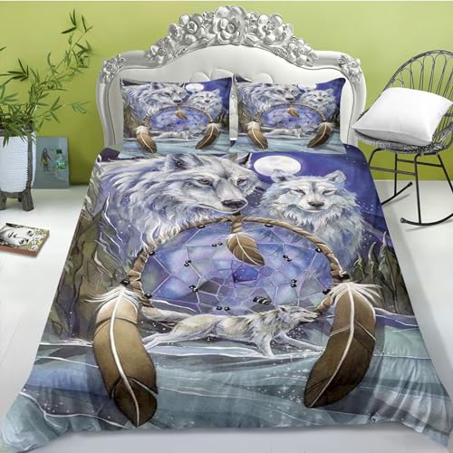FABTOP Parure de lit Loup 135x200, Housse de couette et taie d'oreiller pour enfant Loup dans la lune, Parure de lit Loup Thème, Parure de lit Loup Galaxie,...