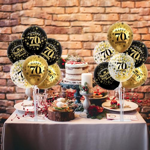 Image of TONIFUL 4 Set Black Gold 70 Printed Balloon Stands for 70th Birthday Decor