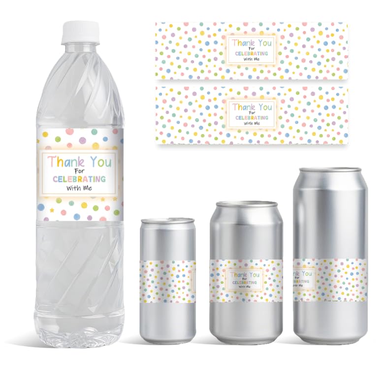 GOMAKERER 30 Sheets Water Bottle Labels, Thank You for Celebrating with Us Drinking Water Container Labels Personalized Self-Adhesive Wraps Sticker for Wedding Birthday Party Favor, 8.5x2.5 Inch