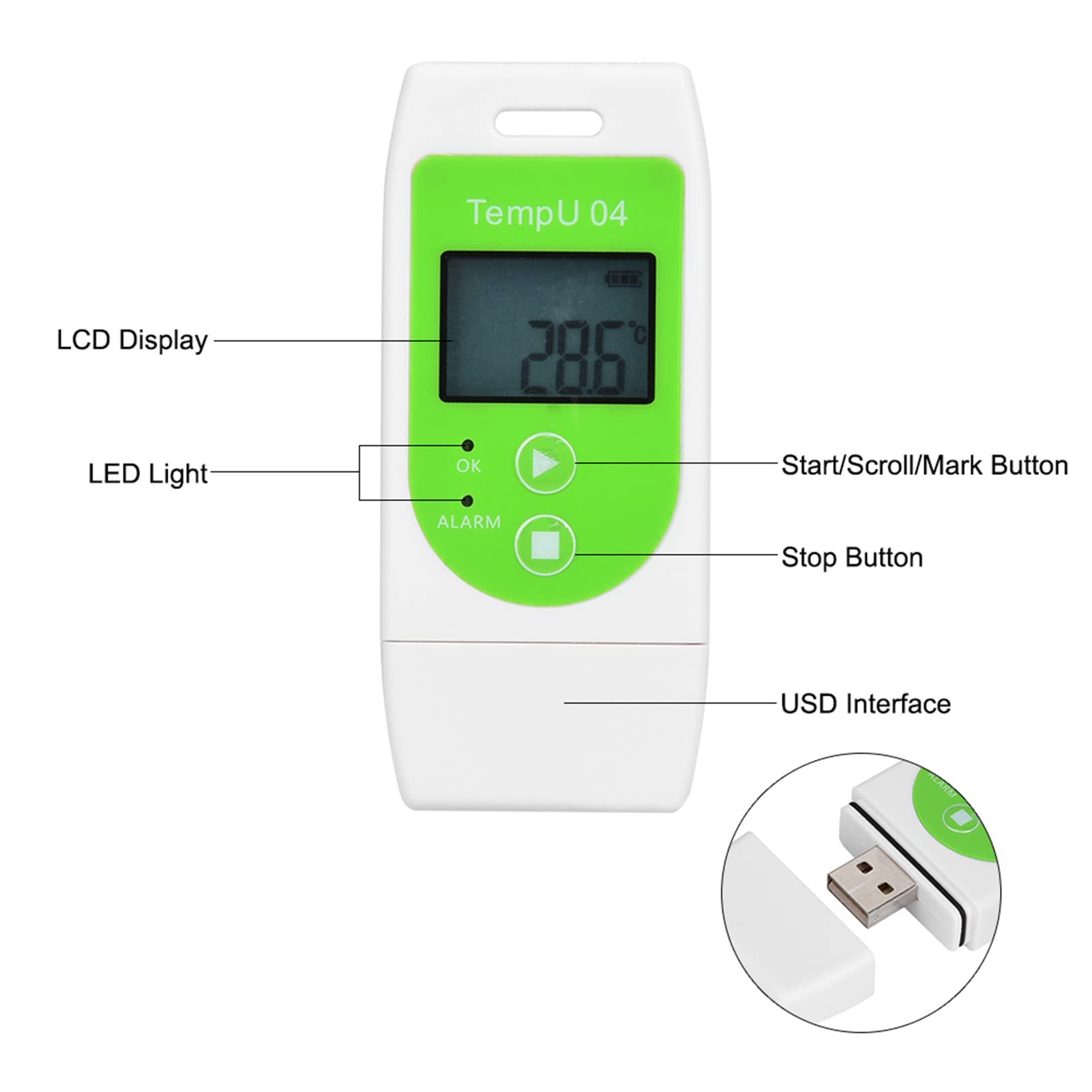 Data Logger di Temperatura e Umidità TempU04 PDF Porta USB Registratore di Umidità di Temperatura Riutilizzabile Capacità di 12.000 Punti[TempU04] (TempU04)