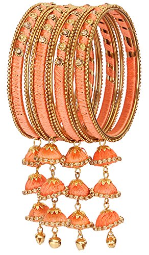 Image of NMII Metal & Silk Thread Jhumka Zircon Latkan Stylish Bangles Set For Women's and Girls | Women's Fancy Latkan Bangles Set | Ethnic Fashion Jewellery- Set of 12 Bangle, (G405 (1) Peach-2.6)