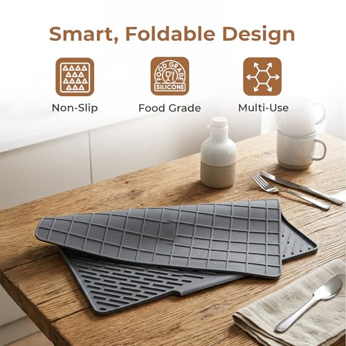 Image of HomeEssentials Silicone Dish Drying Mat for Kitchen - Large Size Utensil & Dish Drainer Mat with Built-in Drain Lip, Non-Slip Countertop Protector, Heat Resistant Sink Drying Pad