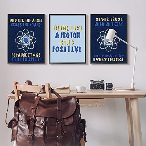 Image of 'Atom Cross The Road Scientific Humor Blue'| 3pc Framed Giclee Art Set 3 | Stupell Industries | Black, 24 x 30 Inches, Easy to Hang and Sturdy, Made in USA, by Lil' Rue