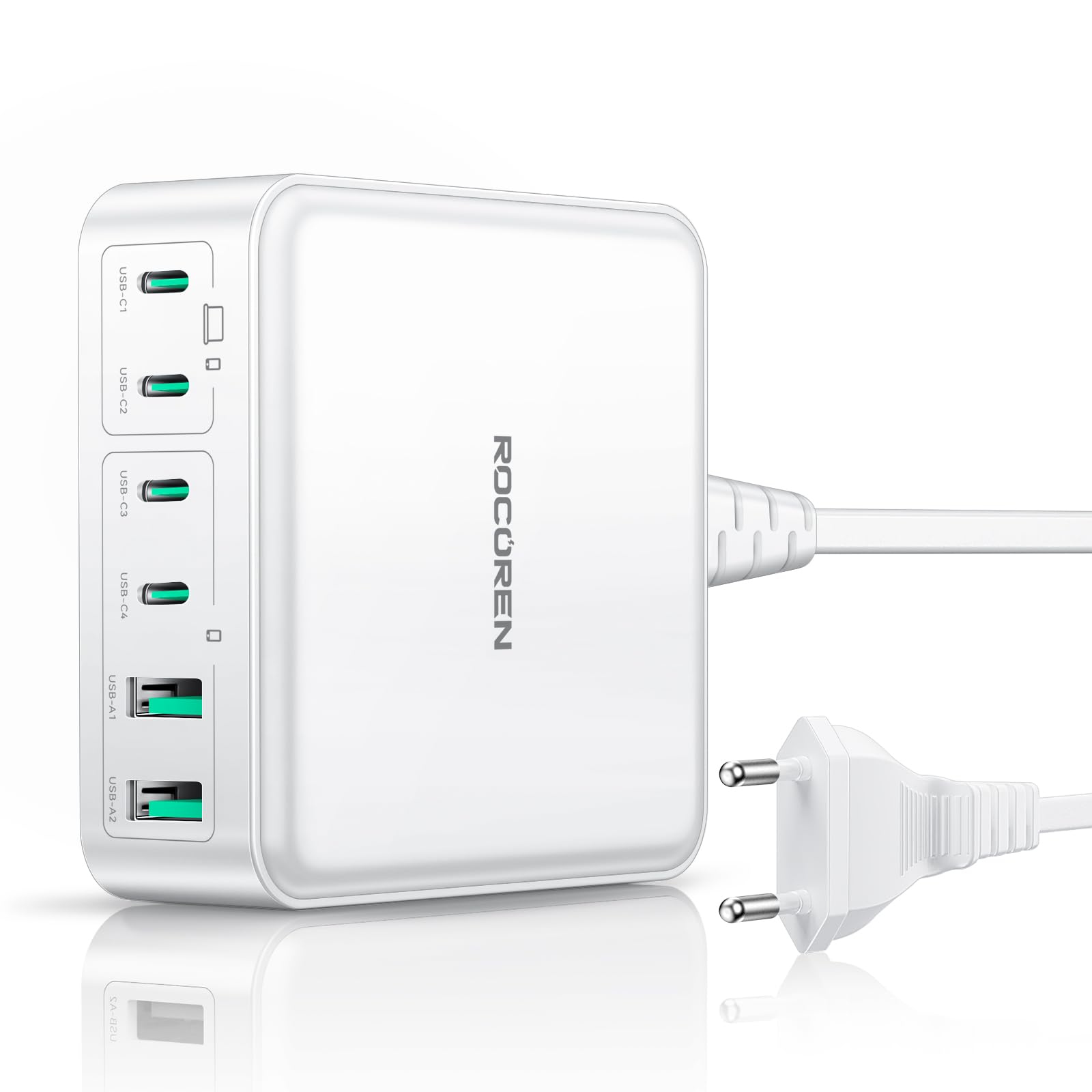 Rocoren Ładowarka USB C 270 W, GaN 6-portowa PD 100 W QC4.0 PPS 2-Laptop USB Stacja ładująca Szybka ładowarka Wielokrotny zasilacz sieciowy do MacBook Pro Air, iPhone 16,15,14Pro, Galaxy S25,S24
