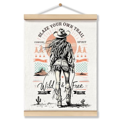 OFJE Retro Cowgirl Wild And Free Cactus Horse Poster Hanger Frame, Blaze Your Own Trail Western Wall Art Posters with Wooden Frames, Vintage Desert Cowgirl Wall Hanging Room Decor, 12x16 Inch