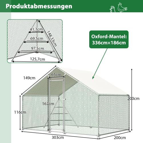 Gallinero de 3 x 2 x 2 m de acero galvanizado, con estructura de escalada y escalera, techo de polietileno impermeable y cerradura de seguridad, pajarera para pollos, conejos, conejos, patos