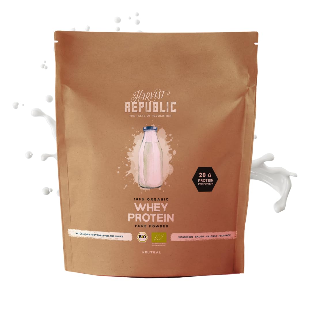 HARVEST REPUBLIC Bio Whey Protein Pulver Natur 750 g | Eiweiß Protein Pulver aus Molke | Molkenproteine für Muskelaufbau | bis zu 20 g Protein pro Portion | Bio Proteinpulver ohne Zusatzstoffe
